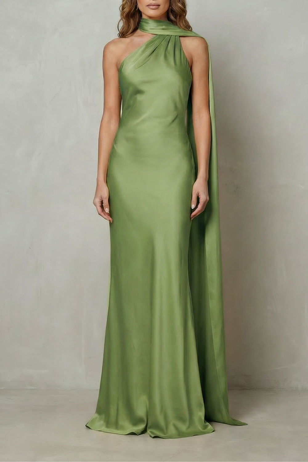 Draped neckline cascade – Satin mermaid gown