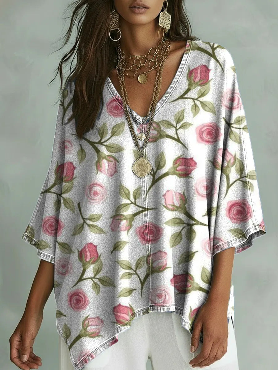 Women's Vintage Floral Art Print Casual Bat Sleeve Denim Shirt