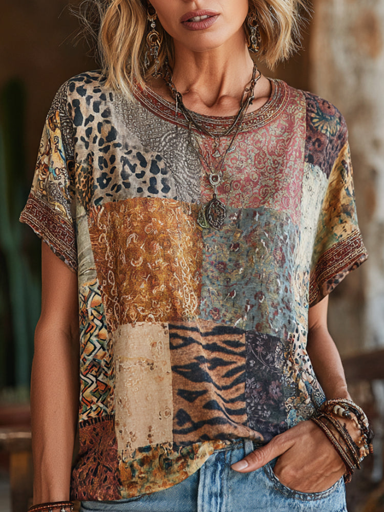 Women's Leopard And Animal Print Spliced Artistic Colorful Linen Blend Short Sleeve Top