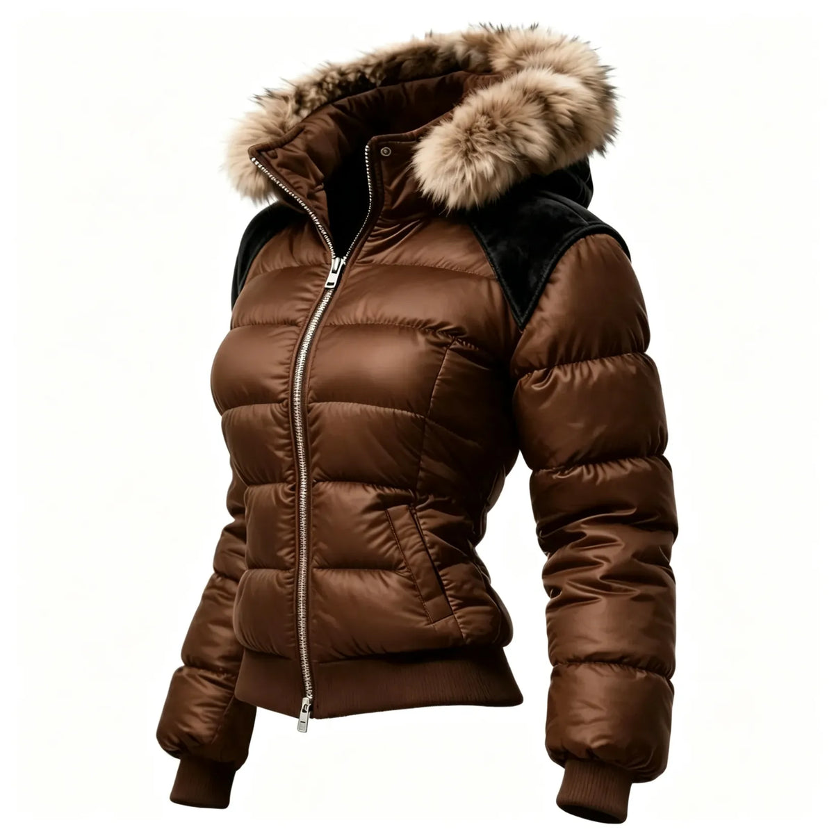 Vintage Women's Contrast Color Stitching Fur Collar Stand Collar Hooded Jacket