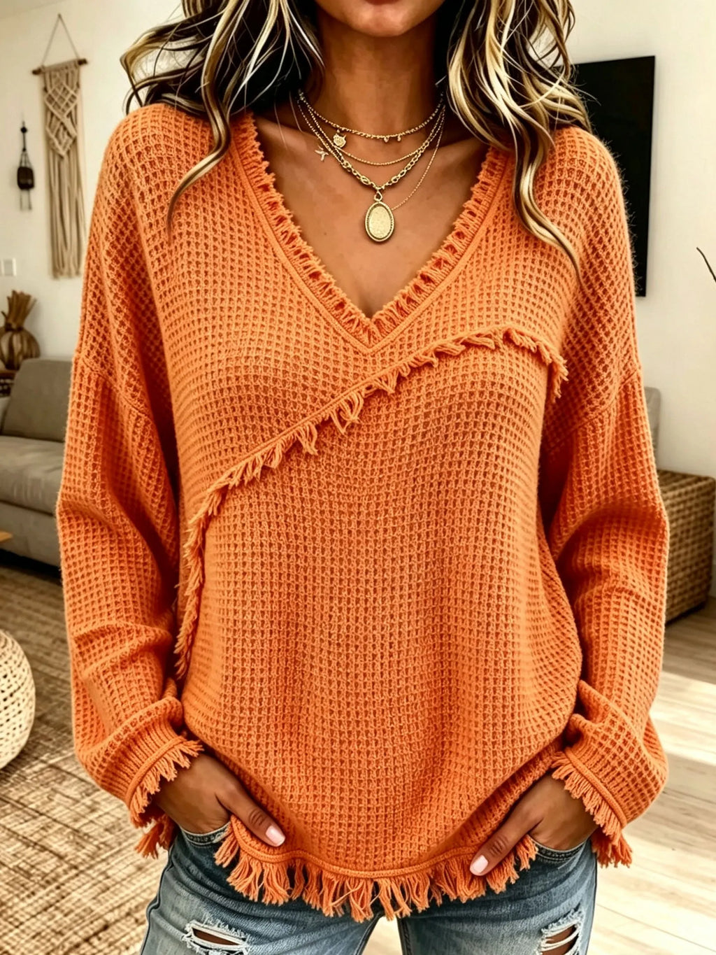 Fringe Trim Waffle Knit V‐Neck Sweater, Women Long Sleeve Loose Pullover Top