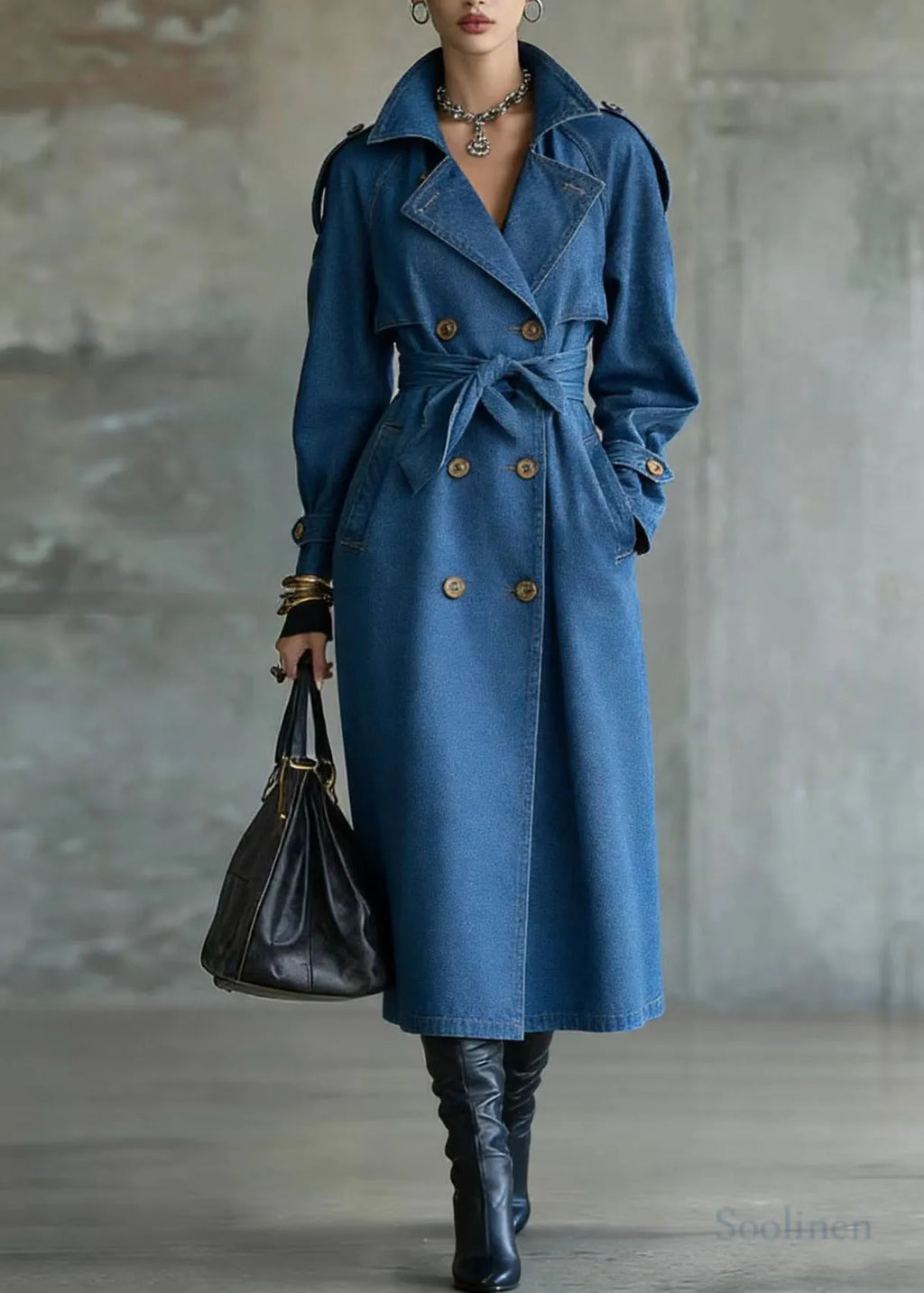 French Blue Oversized Double Breast Denim Trench Coats Spring