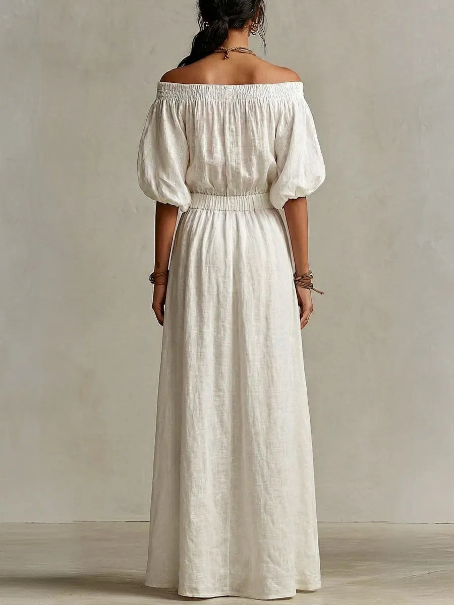 Women's Solid-color Off-the-shoulder 3/4-sleeve Casual Loose Cotton-linen Dress