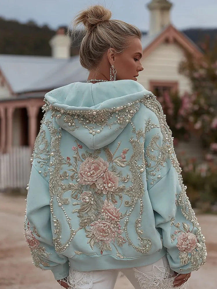 Women's Retro Bohemian Floral Embroidery Casual Hooded Sweatshirt