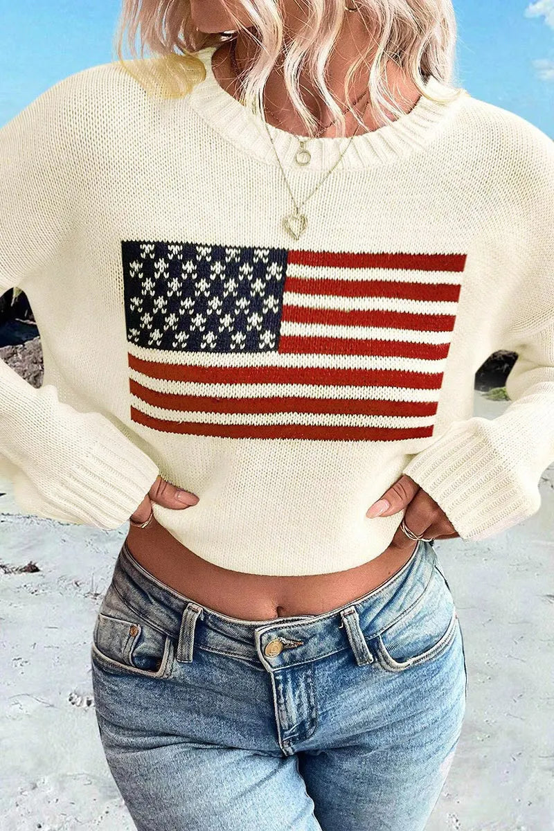 American Flag Pattern Knit Drop Shoulder Long Sleeve Sweater