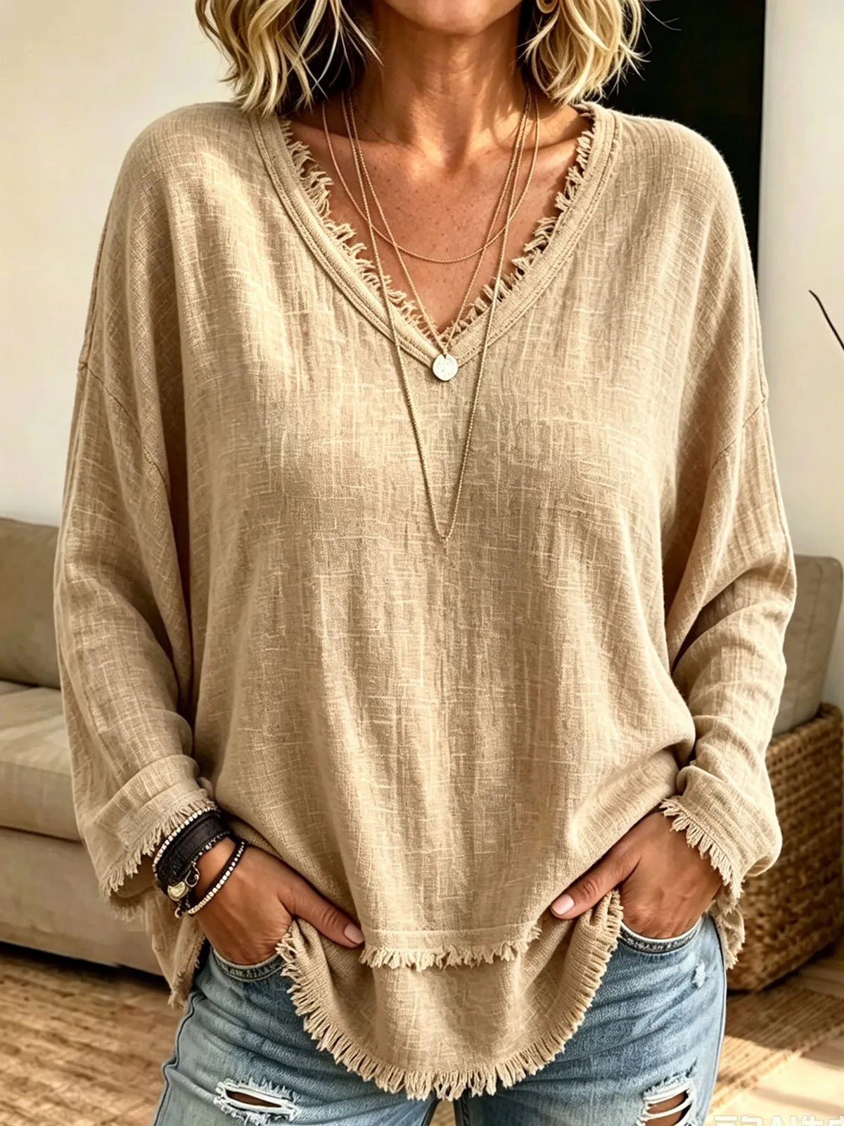 Women Frayed Edge V‐Neck Long Sleeve Top, Loose Textured Casual Blouse