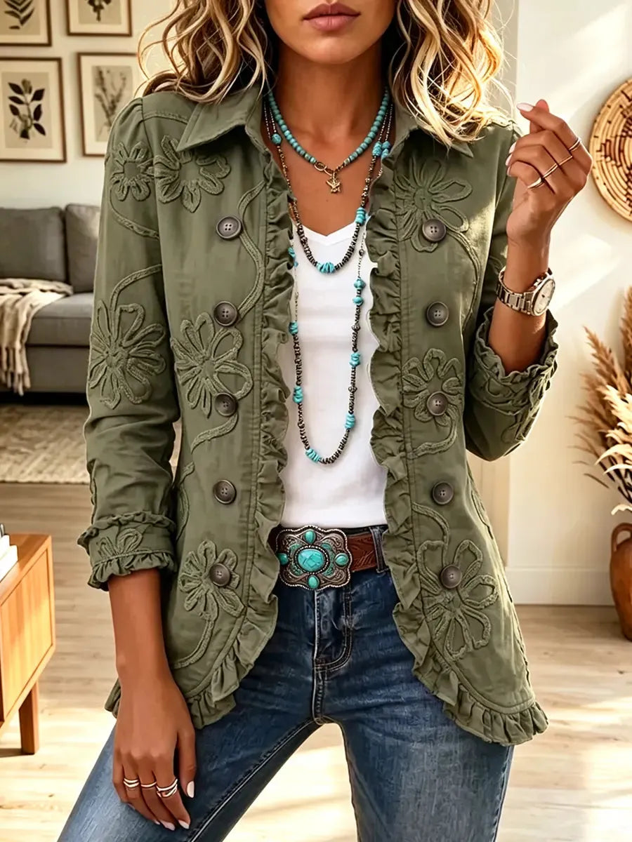 Retro Floral Pattern Art Casual Stylish Lapel Long Sleeve Cotton Coat