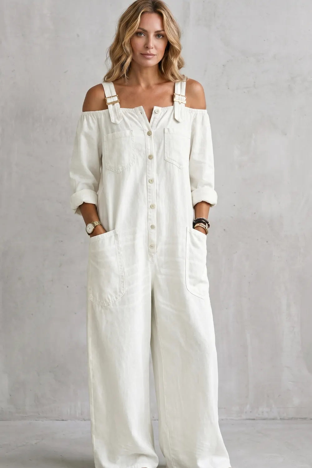 Off-shoulder utility charm – Wide-leg overalls