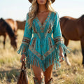 Western Retro Print Irregular Hem Long-sleeved Dress