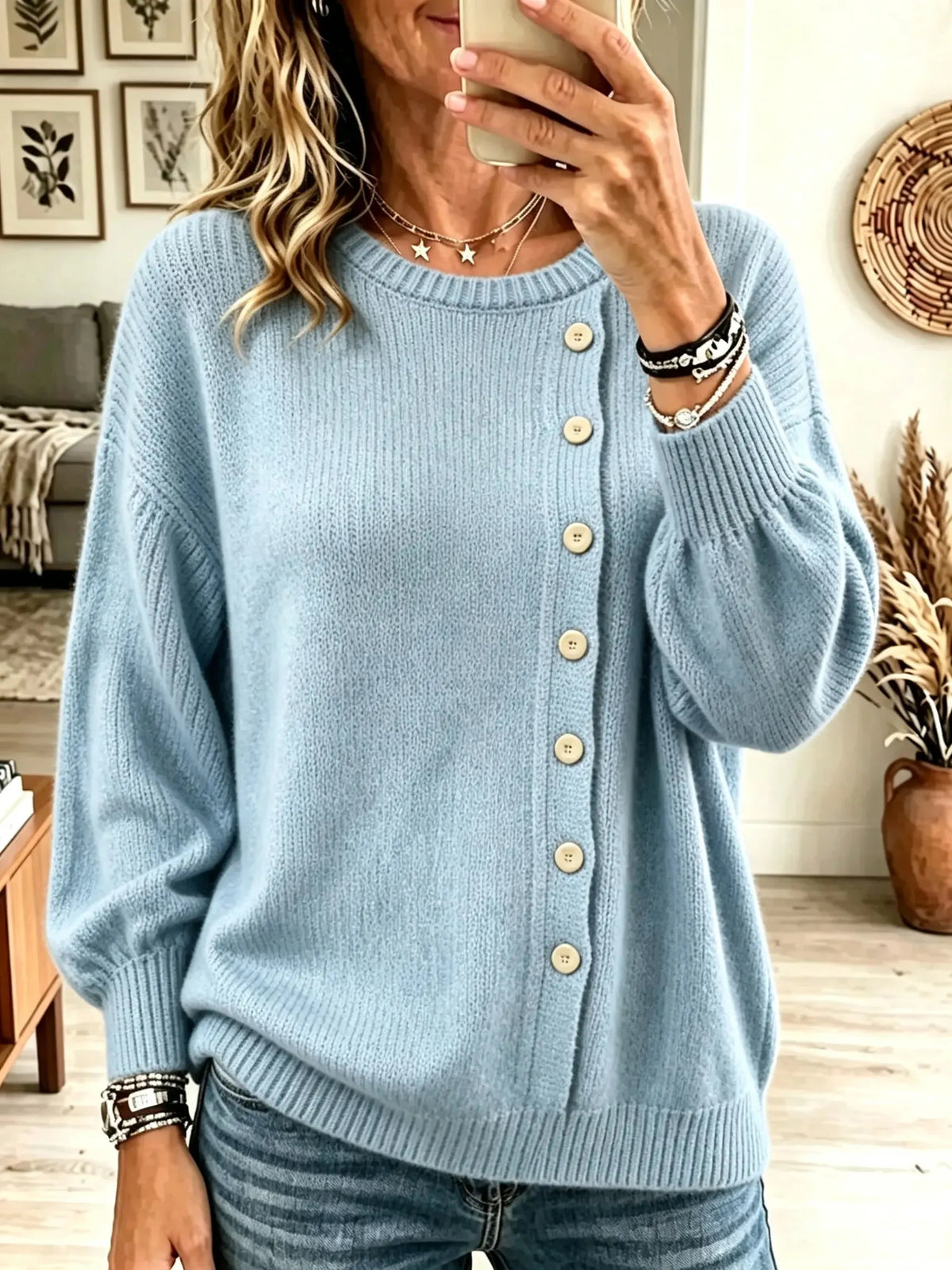Women's Asymmetrical Button Crewneck Knit Sweater