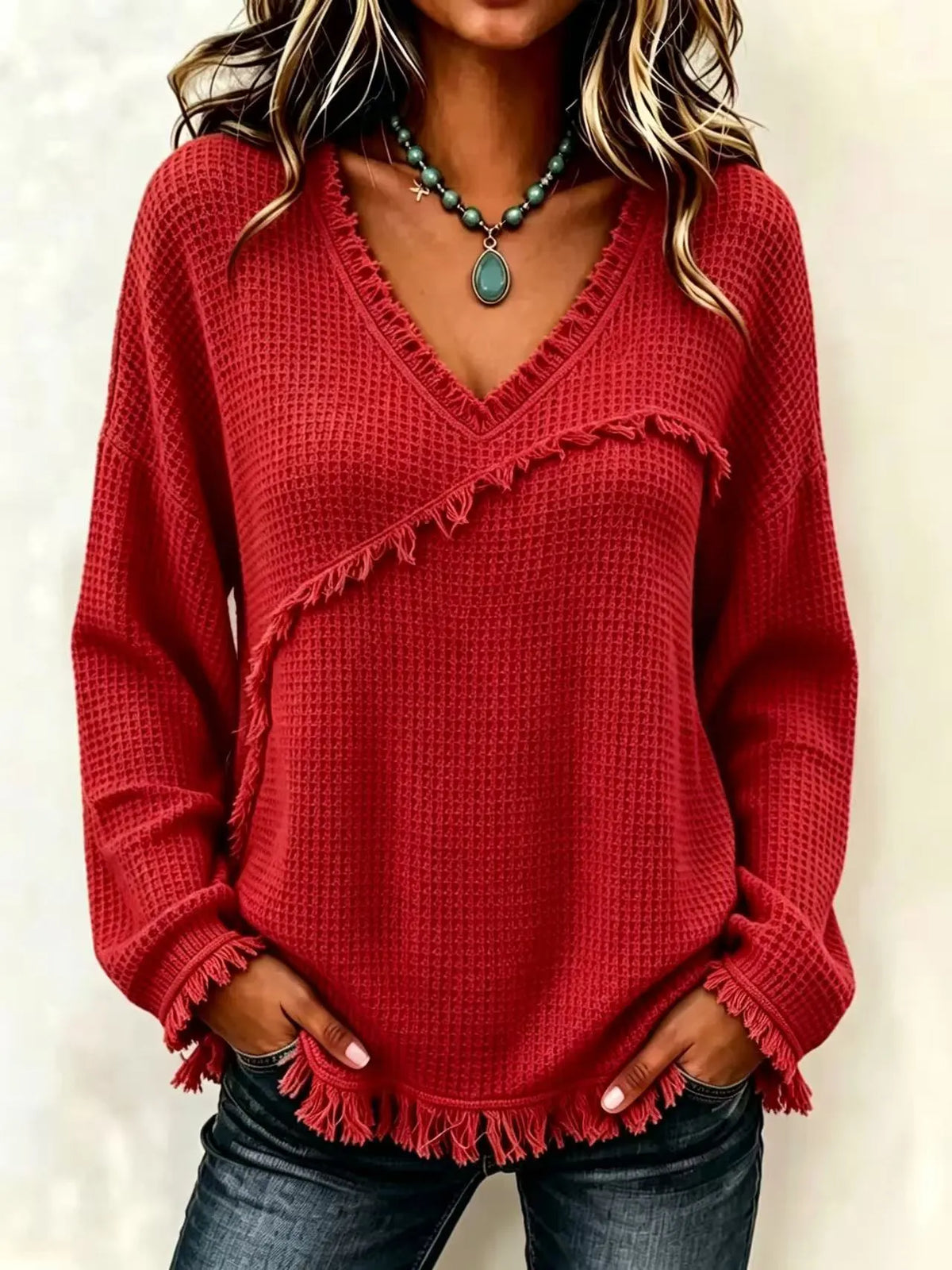Fringe Trim Waffle Knit V‐Neck Sweater, Women Long Sleeve Loose Pullover Top