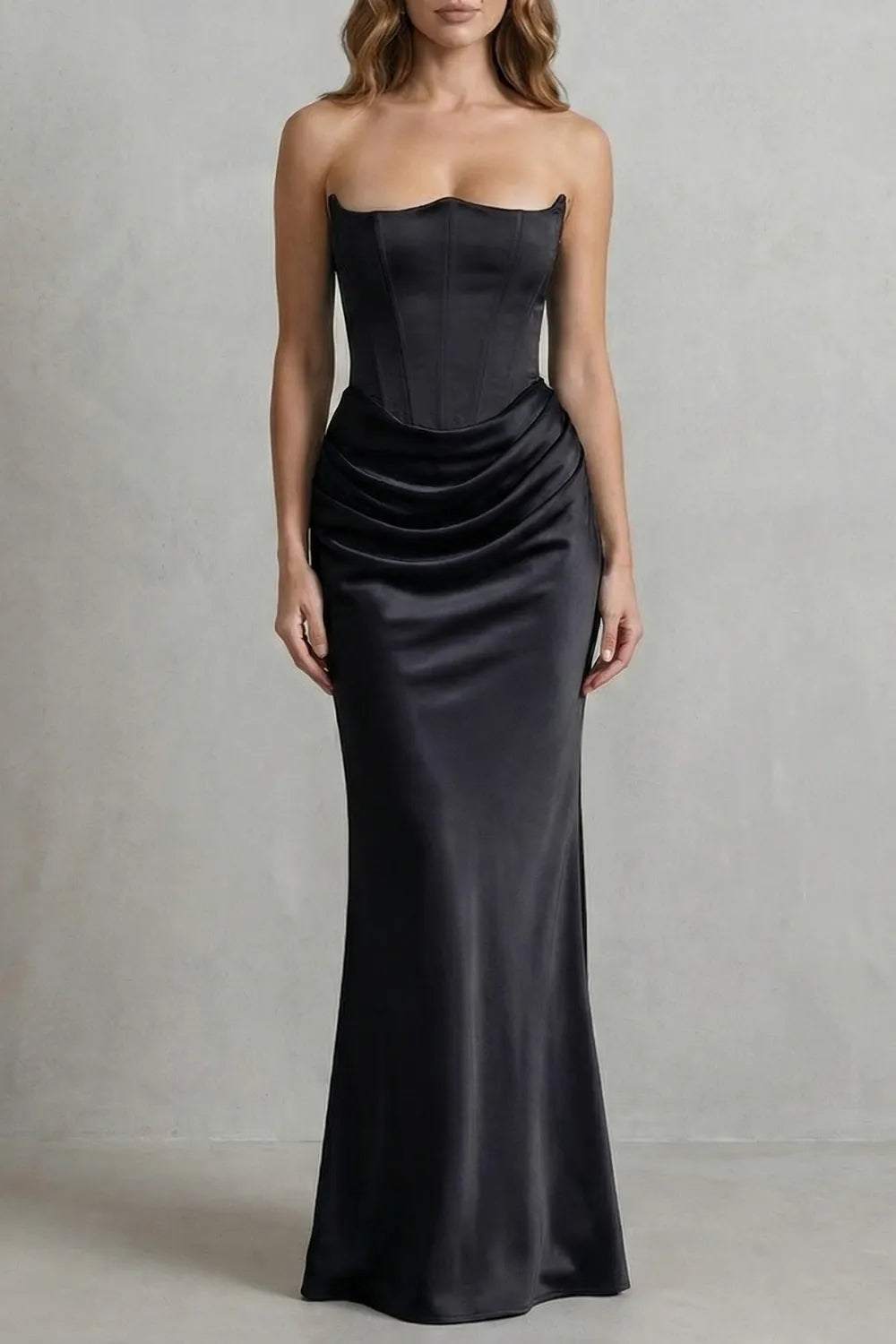 Sculpted satin drape – Strapless corset maxi dress