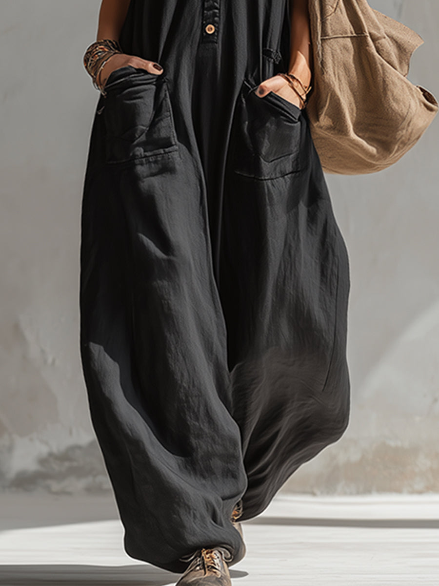Elegant Urban-style Black Cotton And Linen Sleeveless Jumpsuit