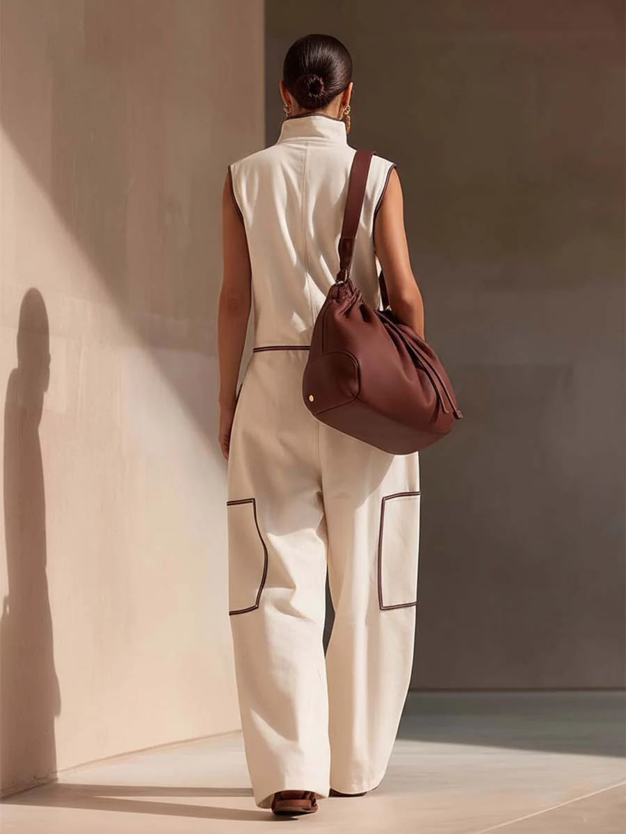 Casual Loose-fitting Color-blocked Workwear Jumpsuit