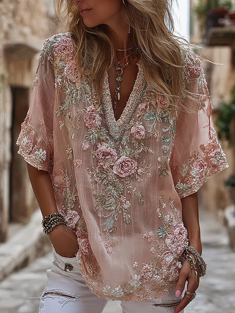 Women's Vintage Pink Flowers Embroidered Art V-neck Short Sleeve T-shirt