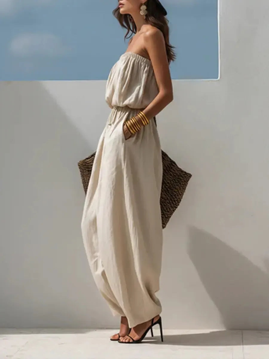 Casual Loose Sleeveless Tapered Cotton And Linen Jumpsuit