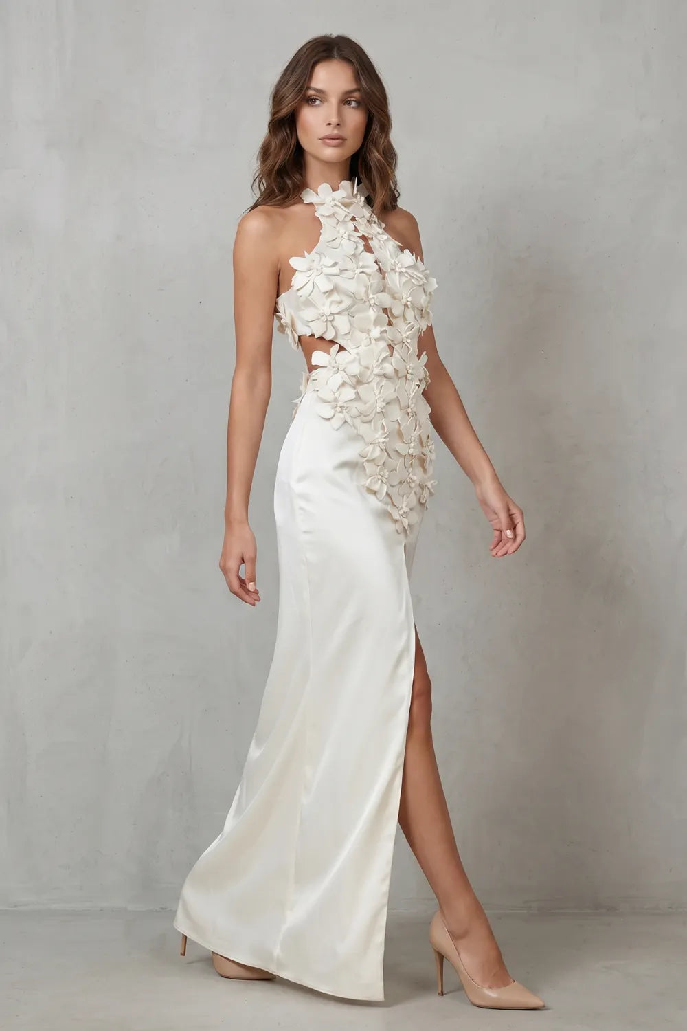 Ethereal bloom – Women’s Halter Neck Flower Split Maxi Dress