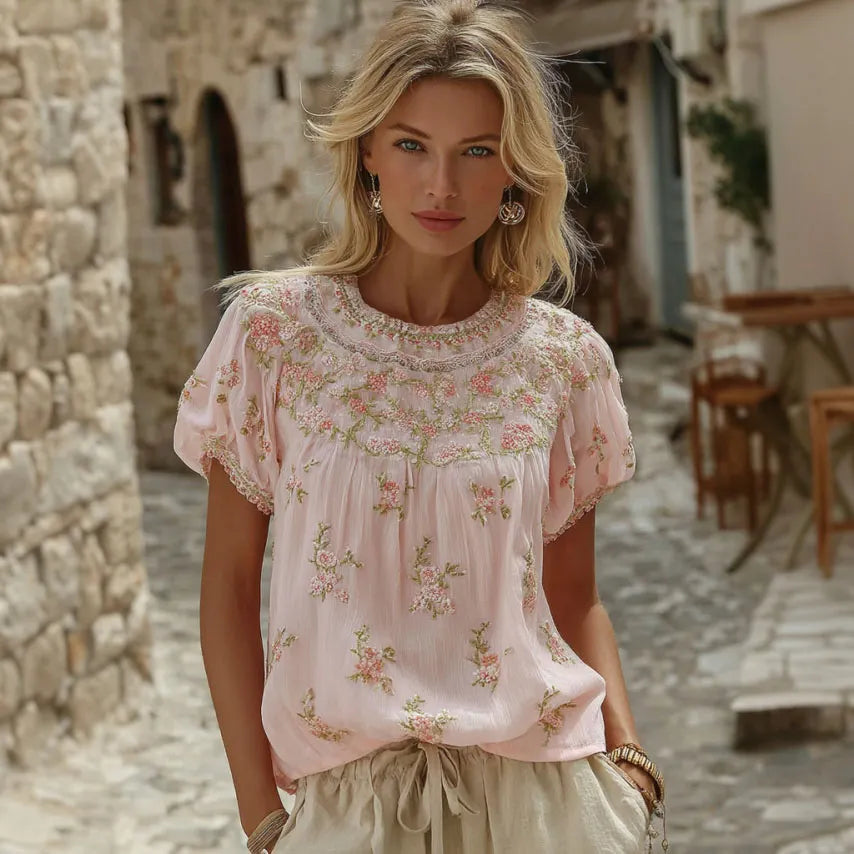 Women's Retro Floral Embroidery Casual Cotton Linen Short-sleeve T-shirt