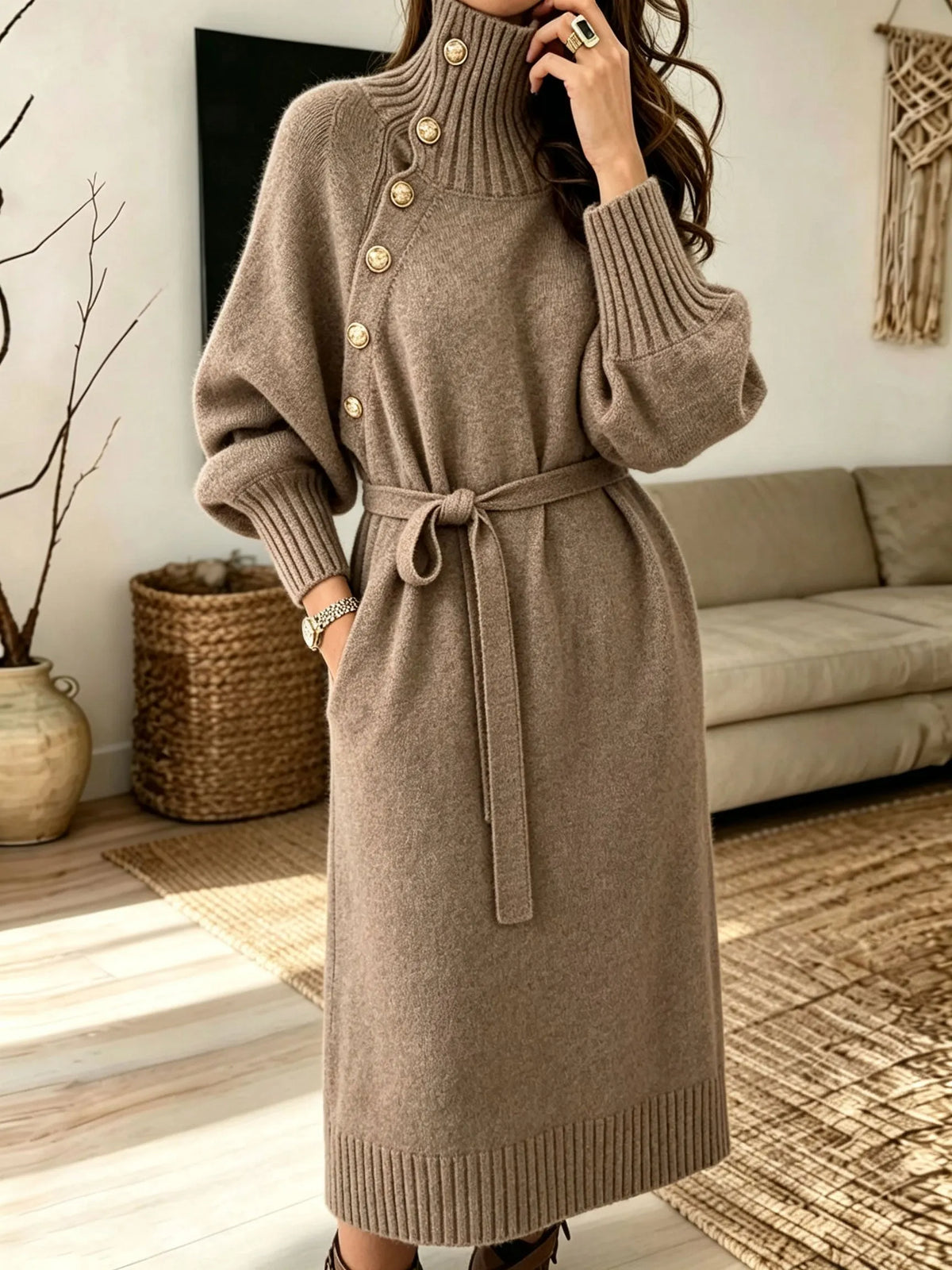 Turtleneck Belted Knit Midi Dress Gold Button Batwing Sleeve Sweater Dress