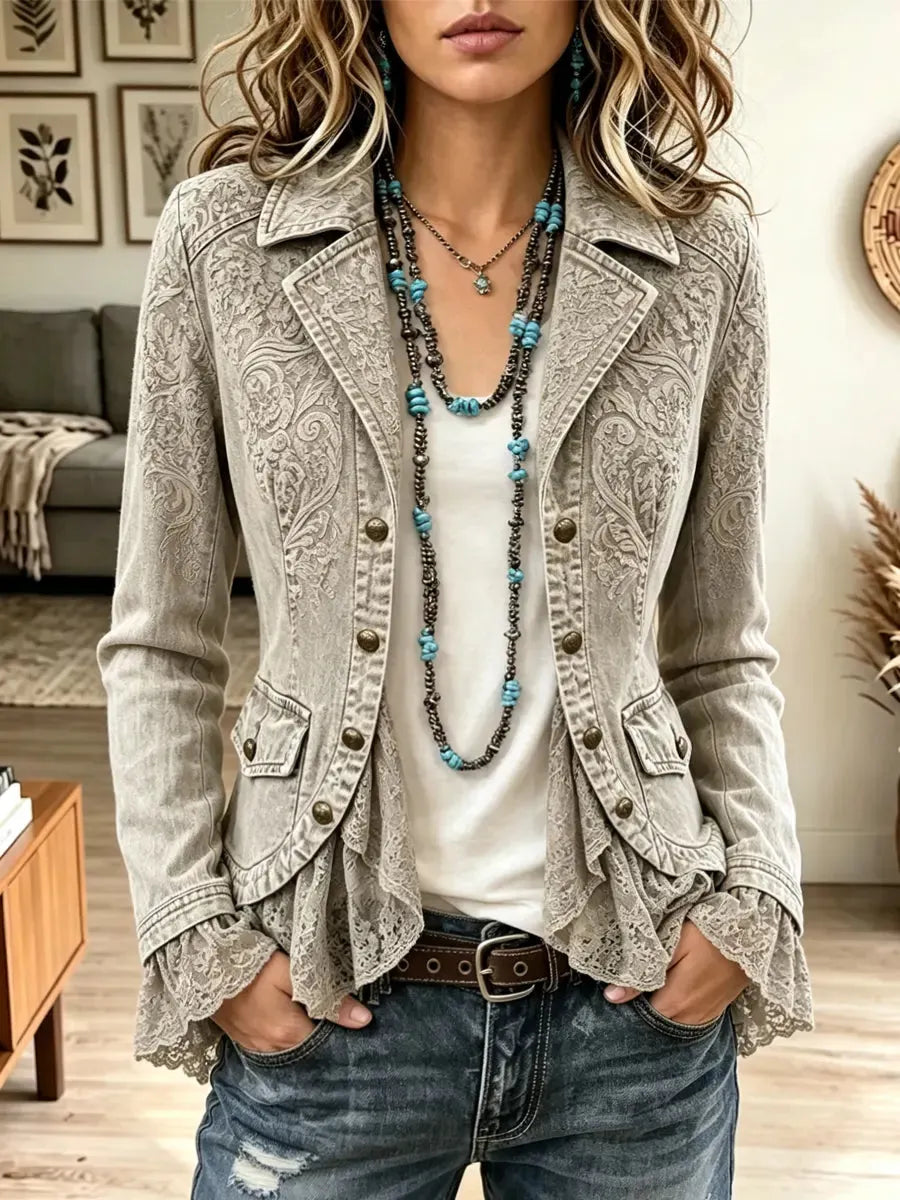 Retro Floral Pattern Art Lace Patchwork Casual Stylish Long Sleeve Coat