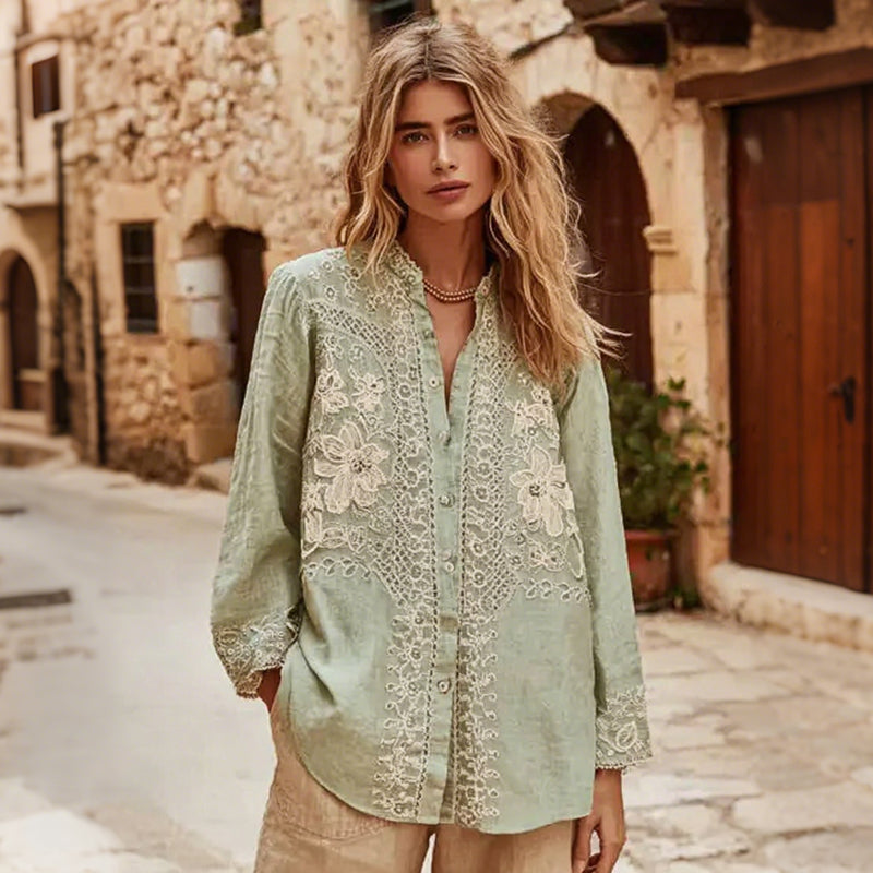 Women's Floral Lace Embroidery Art  Shirt