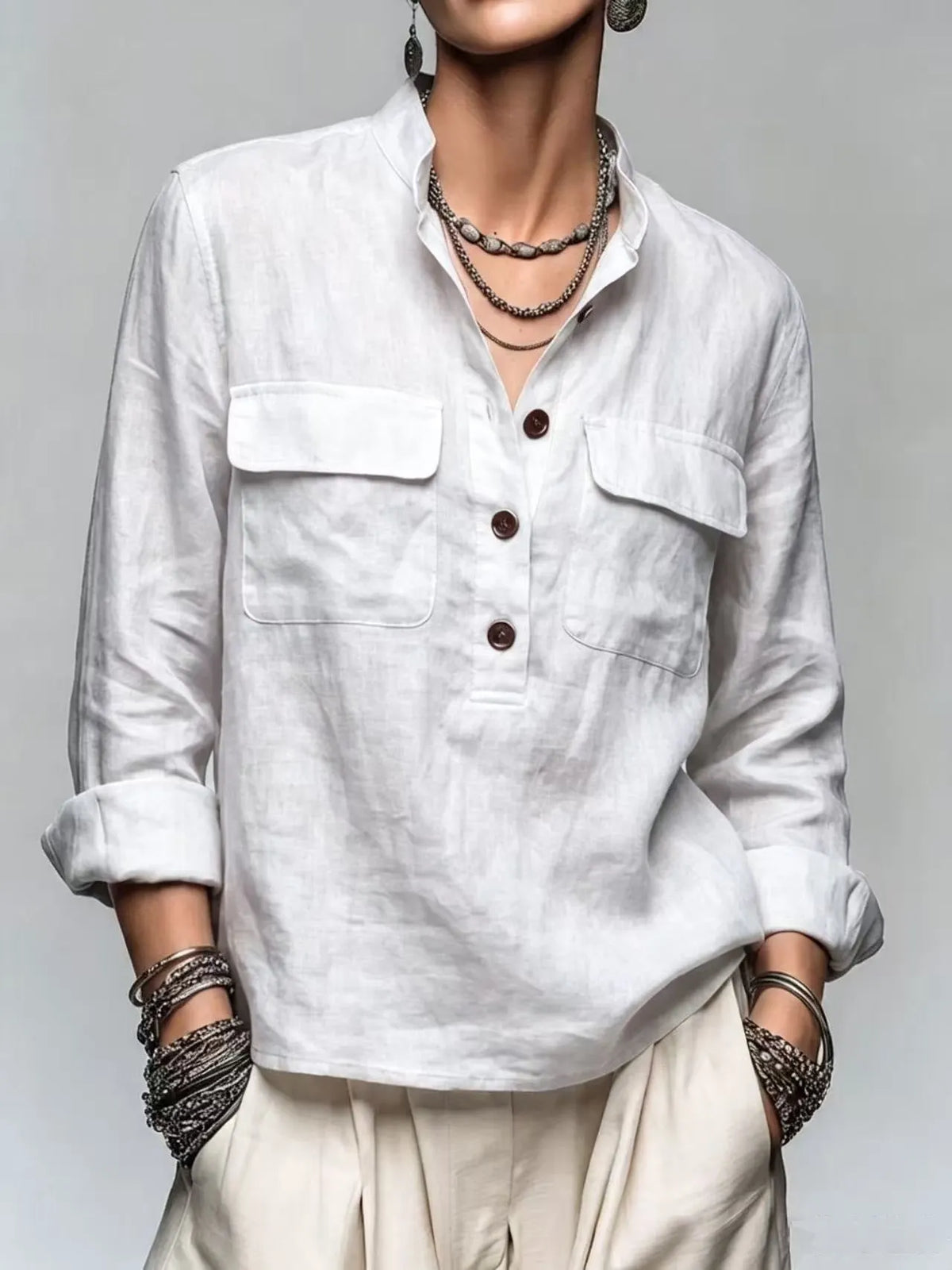 Stand Collar Half Button Pocket Linen Blend Blouse, Women Roll‐Up Long Sleeve Top