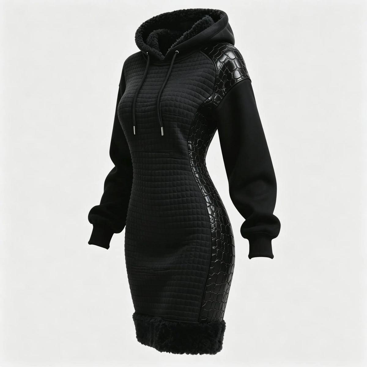 Women's Contrast Color Stitching Suede Lambswool Lapel Hooded Long Sweatshirt Dress