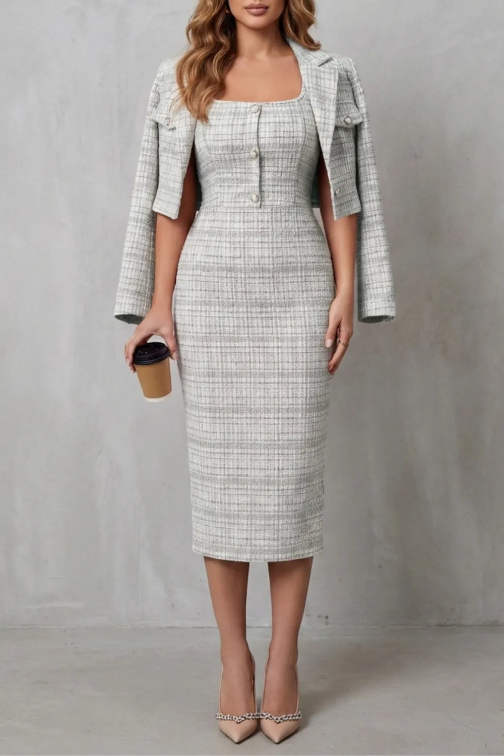 Elegant plaid tailoring – Two-piece midi dress set