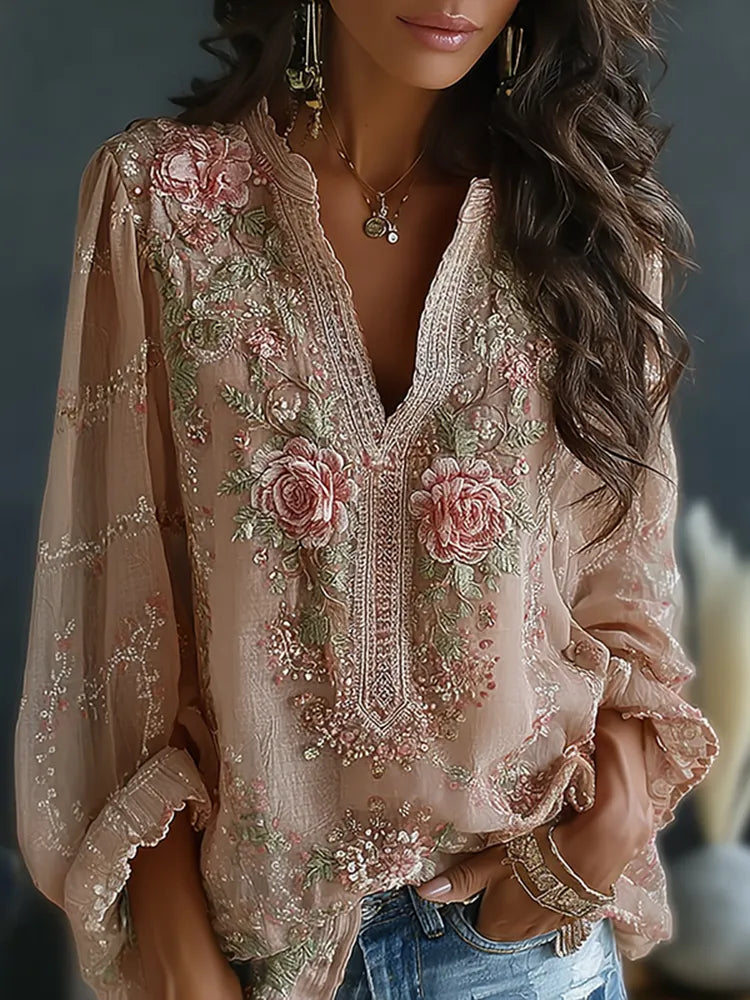 Women's Vintage Spring Floral Embroidered Art Print Flowy Linen Blend Casual Tops
