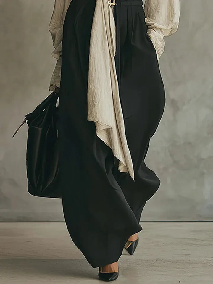Elegant Minimalist Tie Shirt And Wide-leg Pants Two-piece Set
