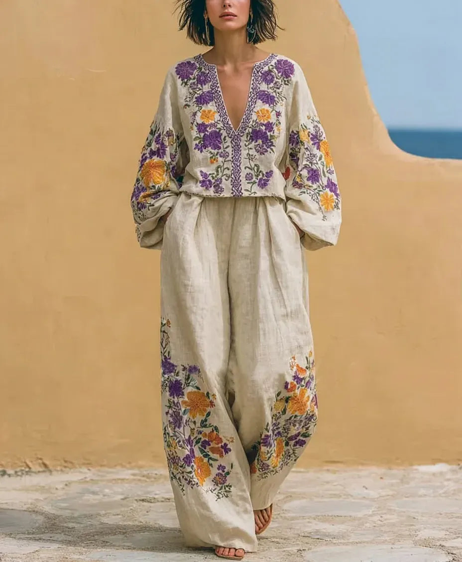 Boho Vintage Bouquet Print Loose Cotton Linen Two-piece Set