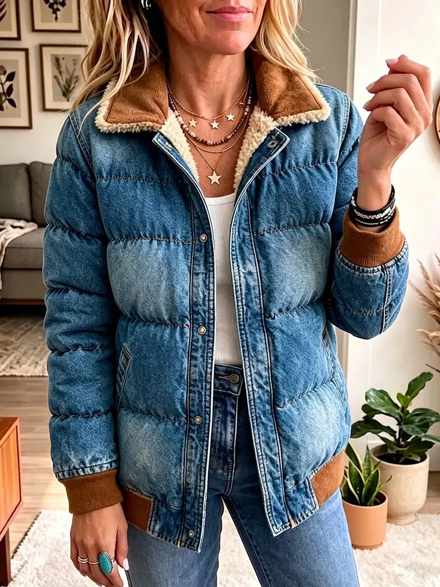 Vintage Elegant Denim Patchwork Quilted Coat