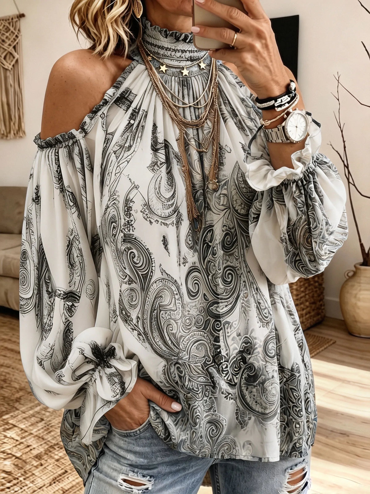 Boho Paisley Print Cold‐Shoulder Blouse Ruffled High Neck Long Sleeve Top