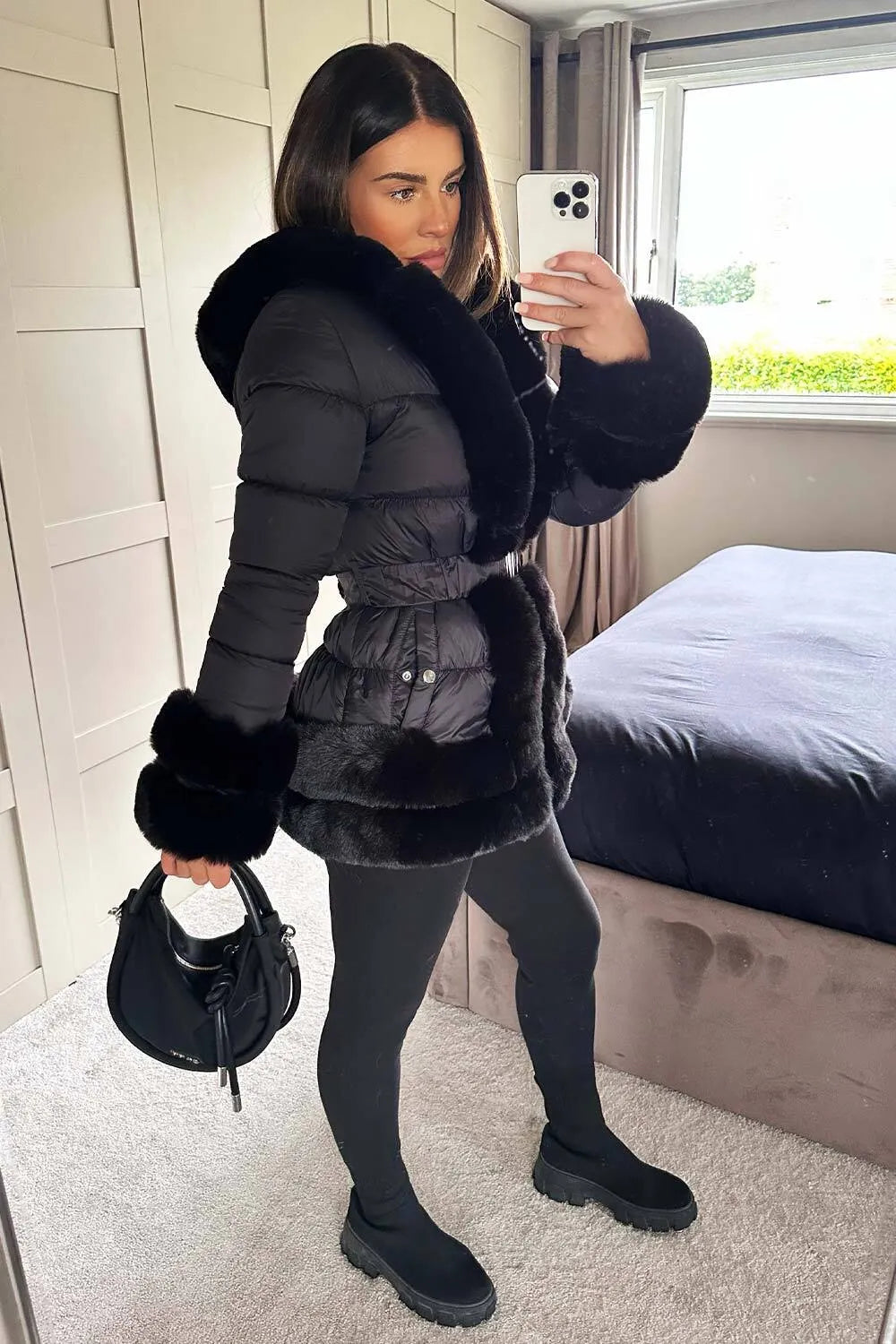 Faux Fur Trim Puffer Hooded Down Jacket With Belt