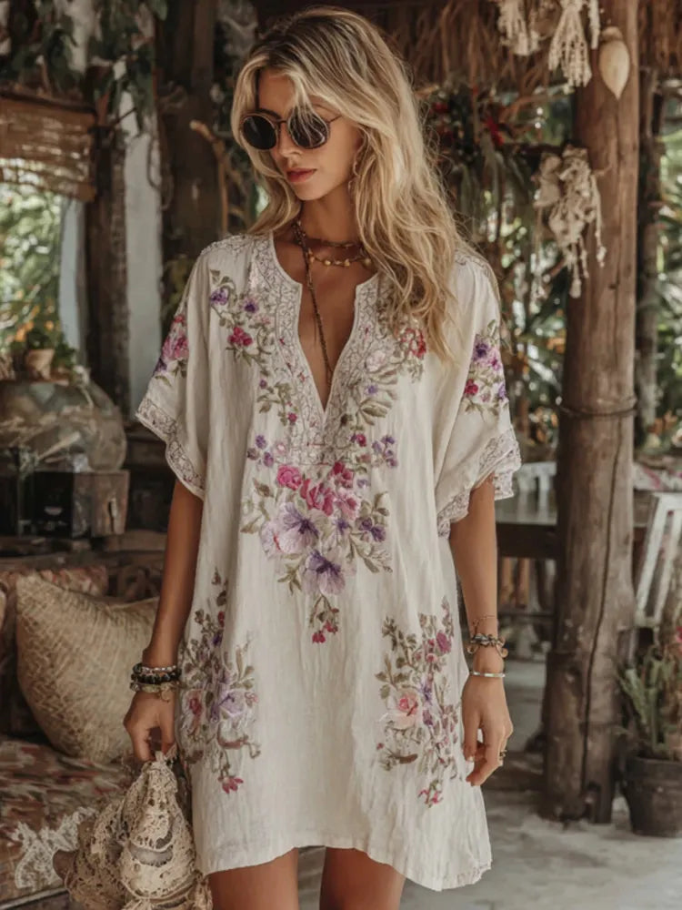 Women's Floral Embroidery Art V Neck Comfy Midi Dress