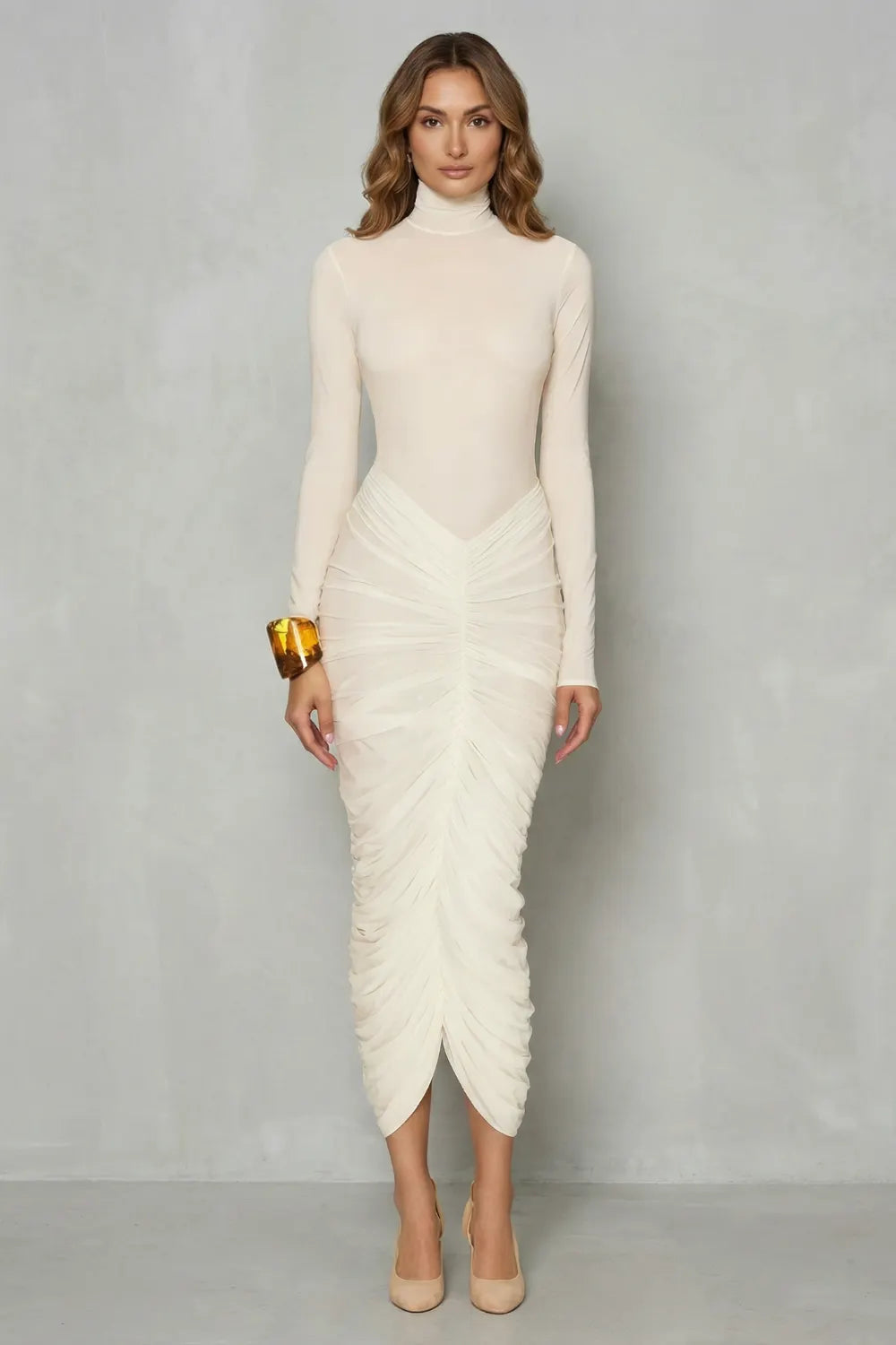 Sculpted elegance – Women’s High Neck Ruched Midi Dress
