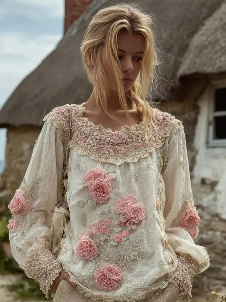 Bohemian Vintage Slightly Wrinkled Cotton And Linen Round-neck Top