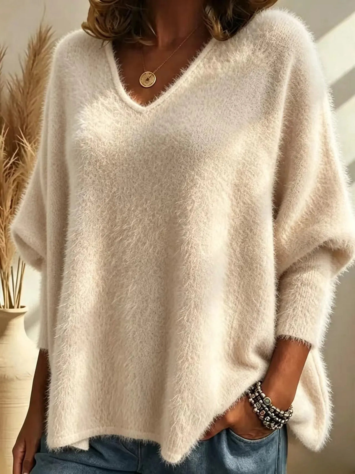 Oversized Fuzzy Mohair‐Style V‐Neck Sweater, Women Batwing Loose Soft Knit Pullover