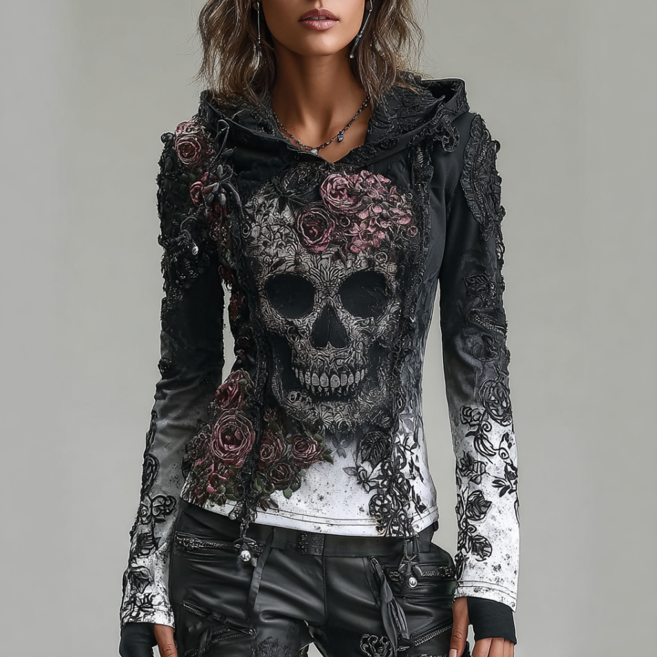 A Retro Women's Black-white Gradient Hooded Top With Gothic Skull And Floral Elements Design For Halloween.