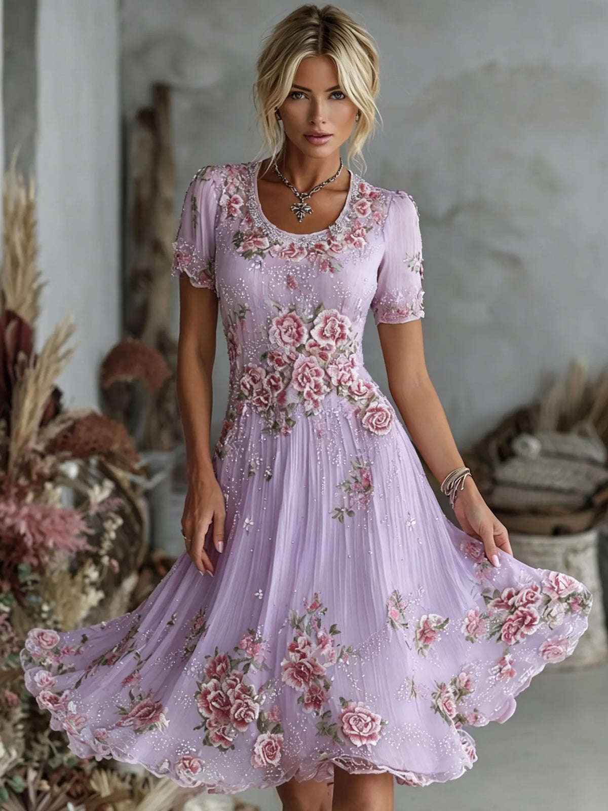 Women's Vintage Floral Art Pattern Crew Neck Short Sleeve Linen Maxi Dress