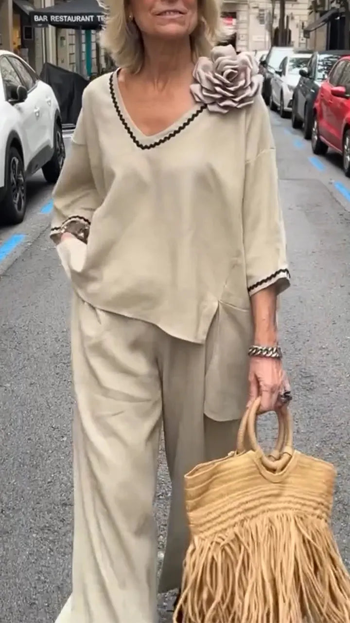 Women V-neck Irregular Top + Pants Loose Casual Suit