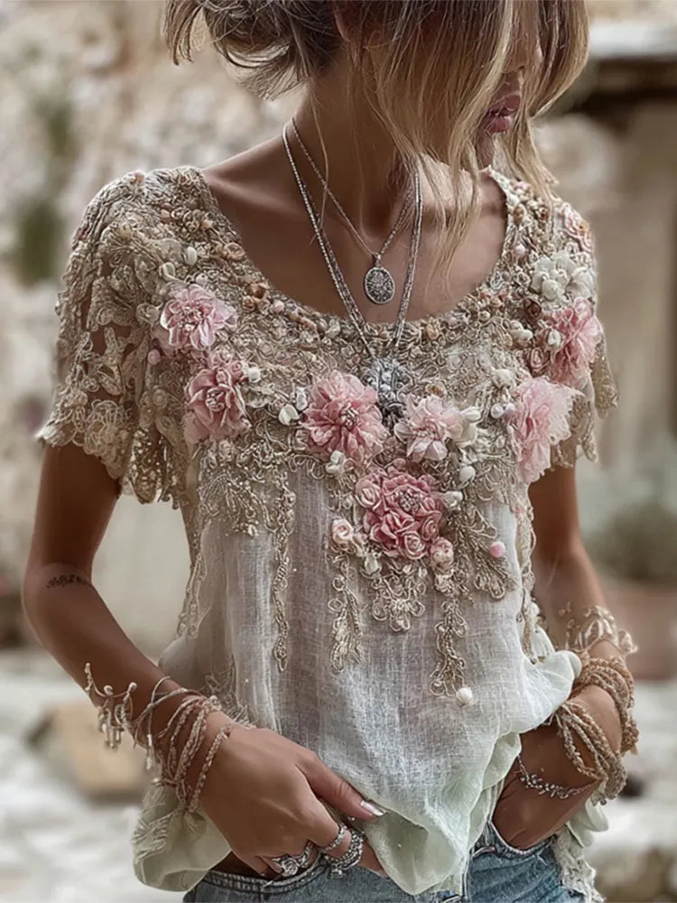 Women's Pink Rose Embroidery Art Round Neck Short Sleeve Linen Blend T-shirt