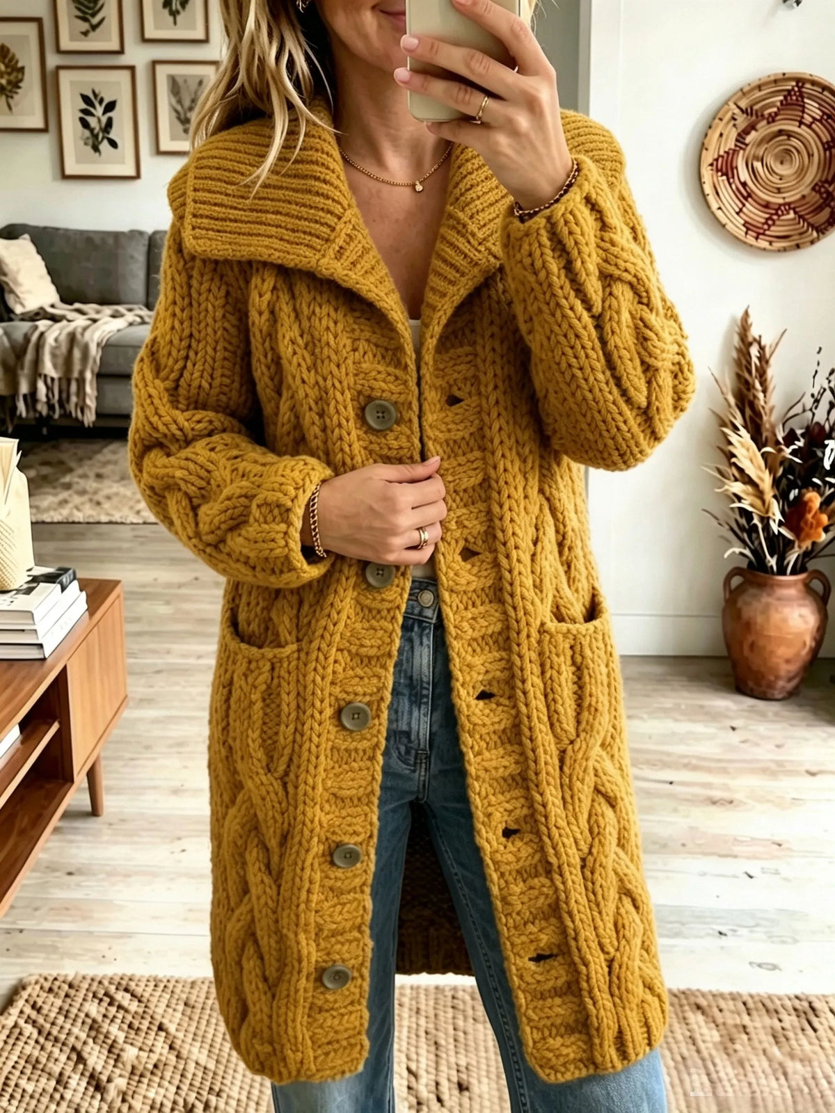 Women Lapel Chunky Cable Knit Cardigan Button‐Front Mid‐Length Sweater Coat