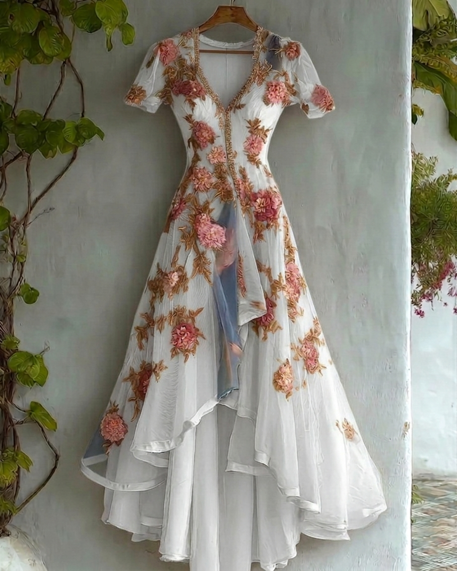 Women's Retro Elegant Gradient Flowers Irregular Ruffle Linen Dress