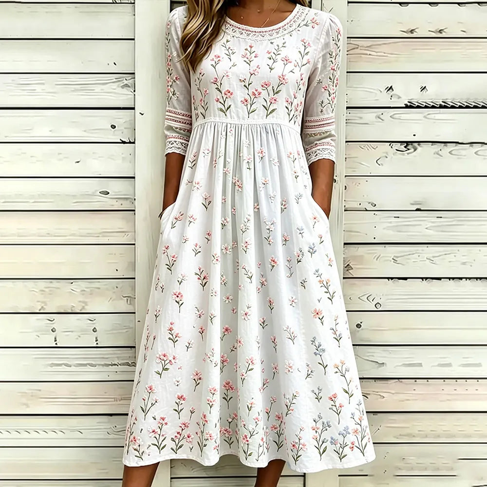 Women's Retro Rose Art Embroidery Color Block Splicing Comfortable Cotton Linen Round Neck Dress