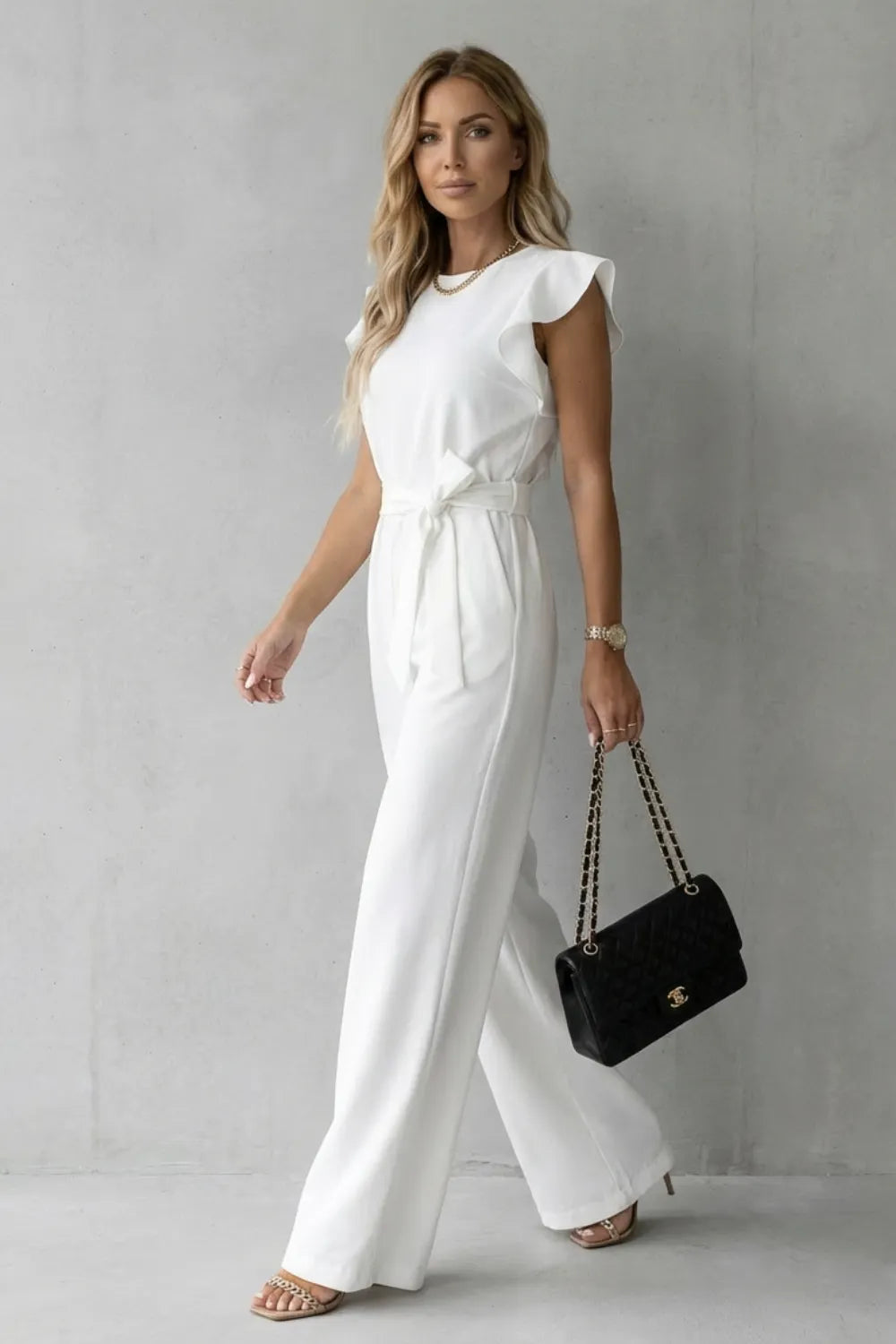 Ruffle sleeve belted – Wide-leg jumpsuit