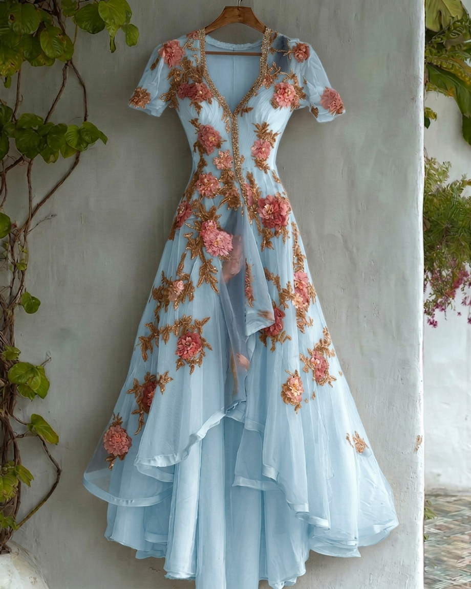 Women's Retro Elegant Gradient Flowers Irregular Ruffle Linen Dress
