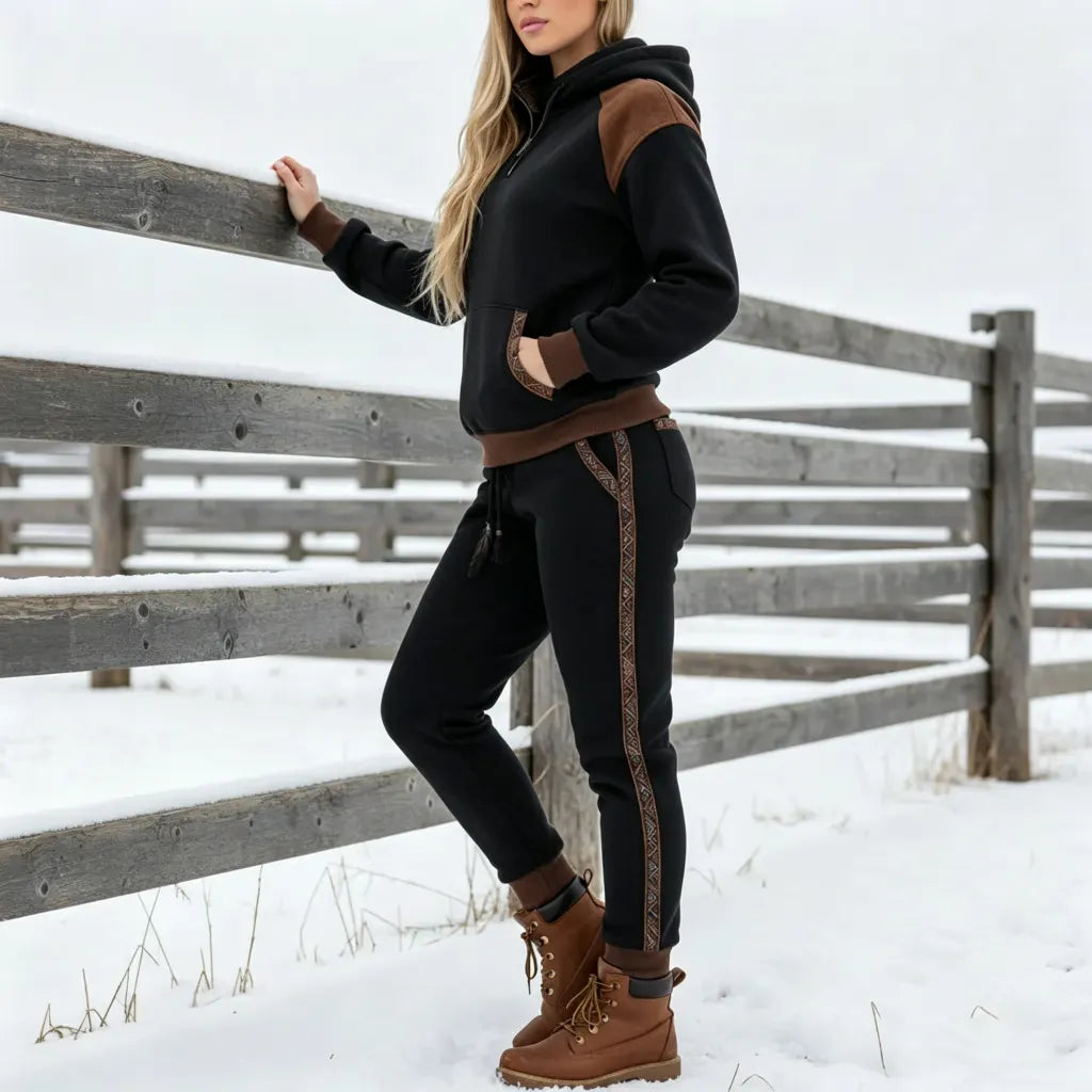 Women's Retro Ethnic Style Half-Zip Stand Collar Sweatshirt And Trousers Set