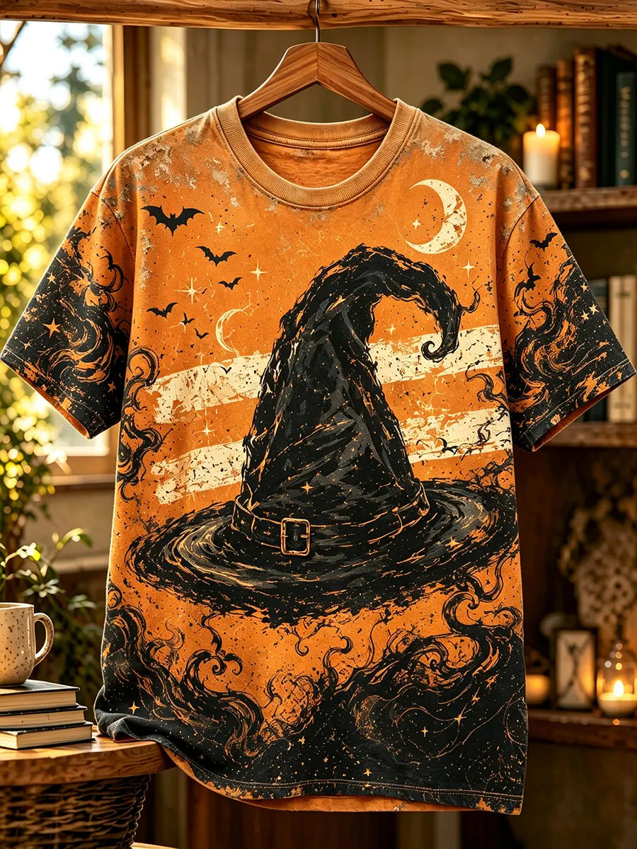 Vintage Halloween Witch Hat T-Shirt | Spooky Season All-Over Print Orange Tee