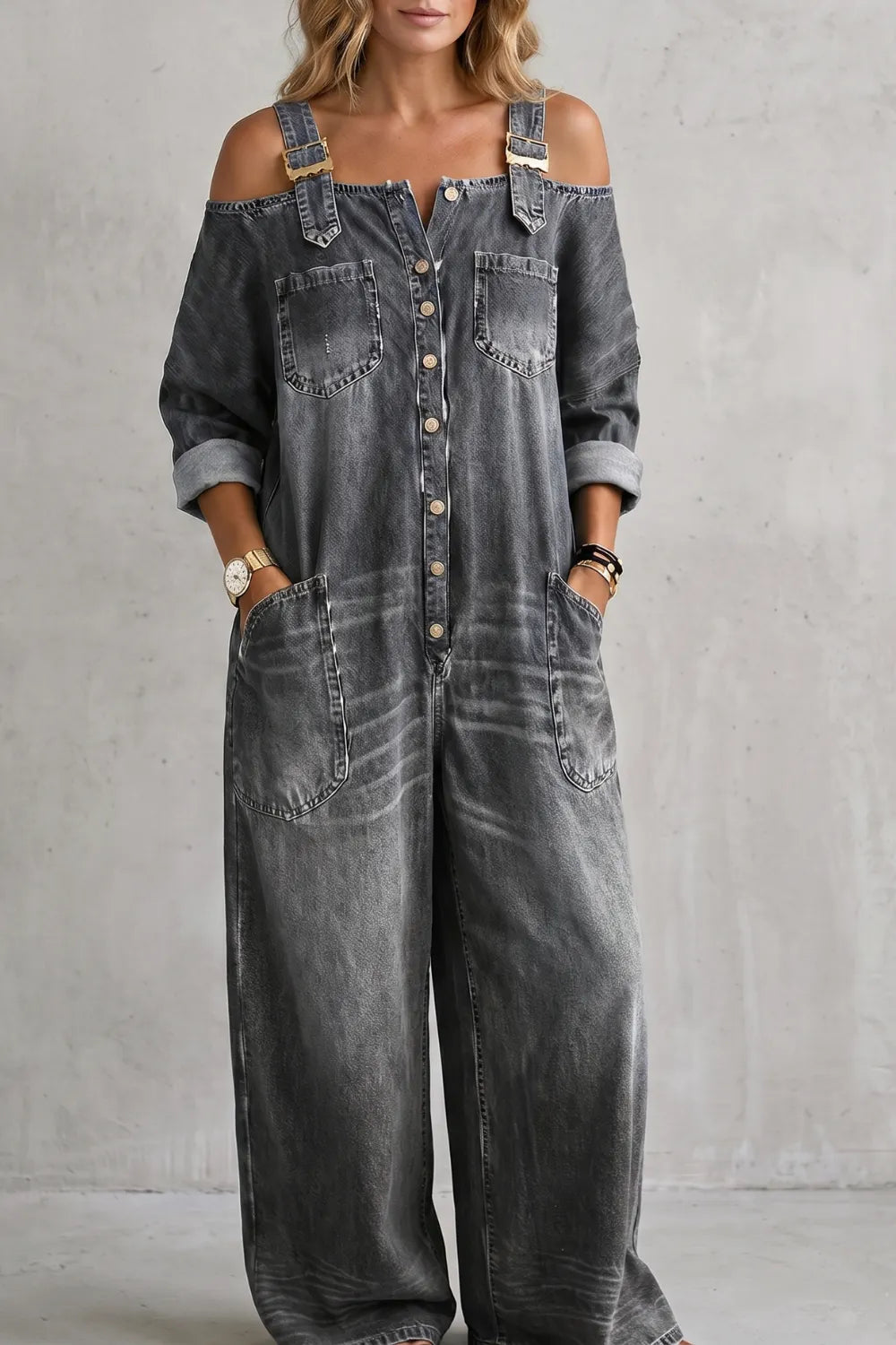 Off-shoulder utility charm – Wide-leg overalls
